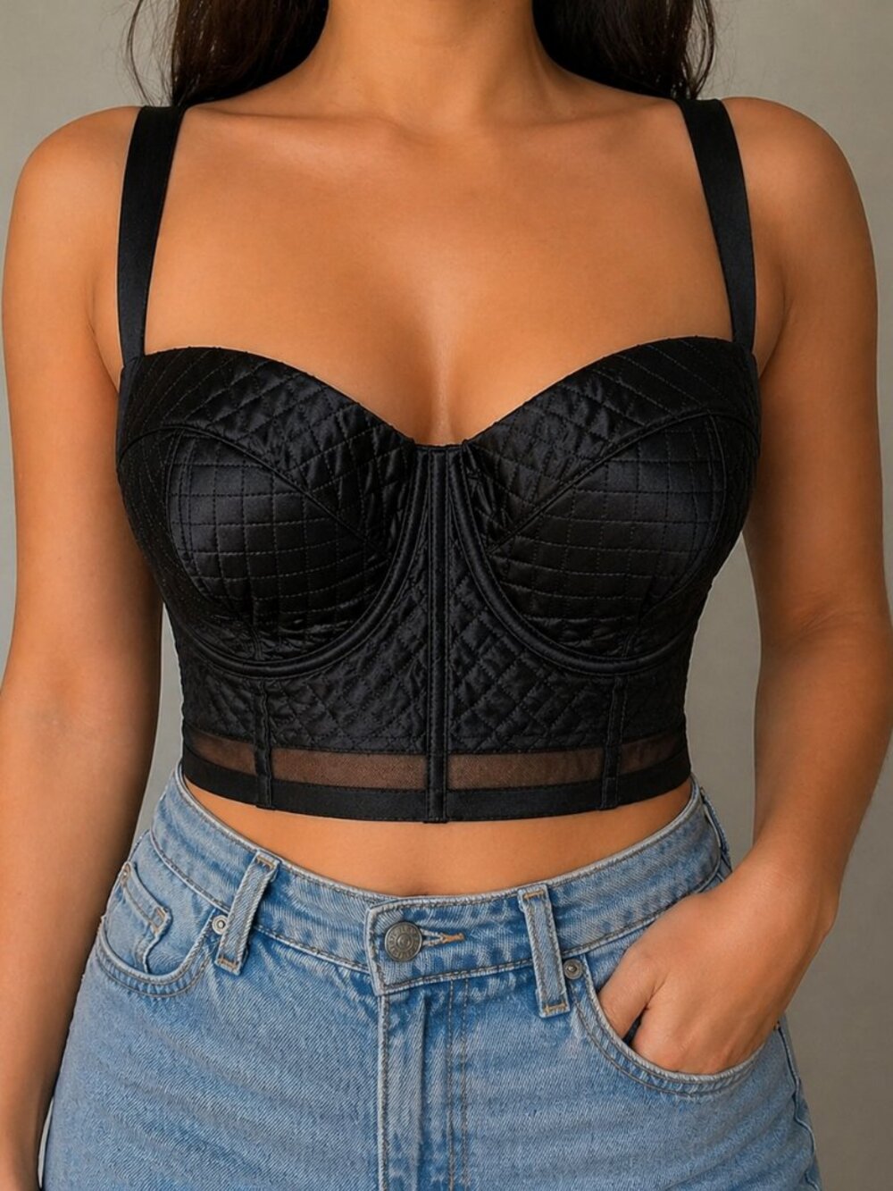 Victoria’s Secret 36D Black Longline Bustier Bra Push Up Balconette Mesh Quilted